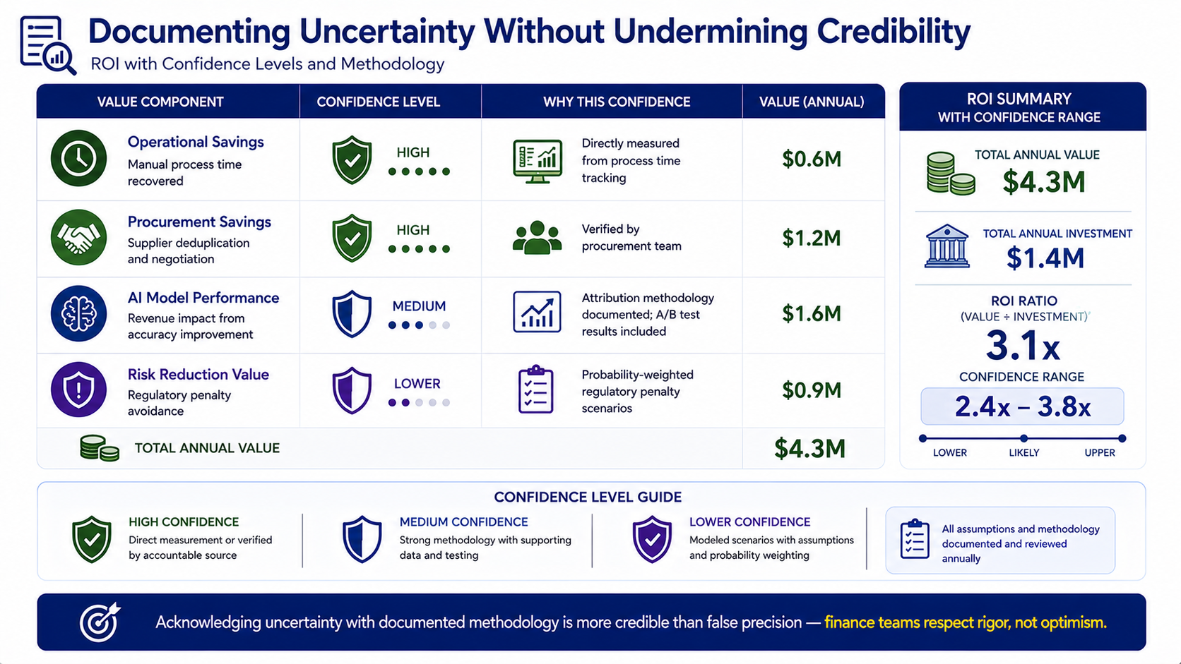 An ROI calculation with confidence levels assigned to each value component: operational savings at high confidence from direct process time tracking; procurement savings at high confidence verified by the procurement team; AI model performance revenue impact at medium confidence with A/B test results documented; risk reduction at lower confidence based on probability-weighted regulatory penalty scenarios. The total ROI is shown as a confidence range rather than a single point estimate.