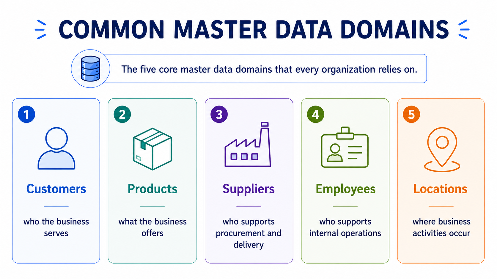 Common master data domains — customers, products, suppliers, employees, and locations