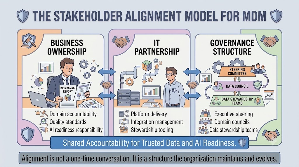 Three-column layout showing Business Ownership, IT Partnership, and Governance Structure, each with their respective responsibilities, all resting on a shared foundation labeled Shared Accountability for Trusted Data and AI Readiness.