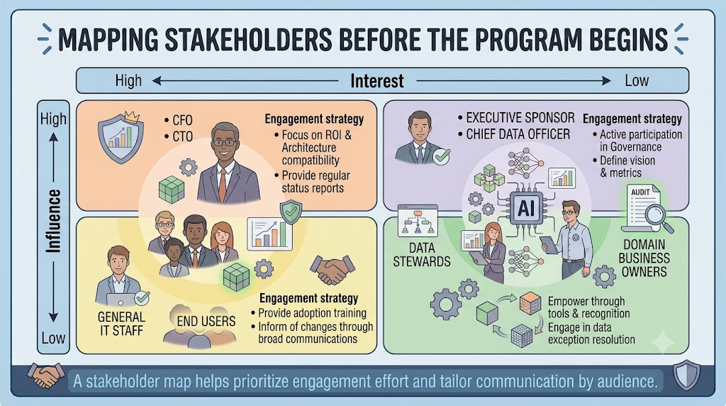 A stakeholder mapping template with four quadrants: High Influence / High Interest showing Executive Sponsor and Chief Data Officer; High Influence / Low Interest showing CFO and CTO; Low Influence / High Interest showing Data Stewards and Domain Business Owners; Low Influence / Low Interest showing General IT Staff and End Users.
