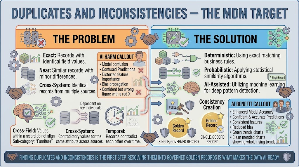 A two-panel layout. The left panel shows the problem: duplicate types — exact, near, cross-system — and inconsistency patterns — cross-field, cross-system, temporal — each with an AI harm callout. The right panel shows the solution: detection methods — deterministic, probabilistic, AI-assisted — consistency checks, and golden record creation, each with an AI benefit callout.