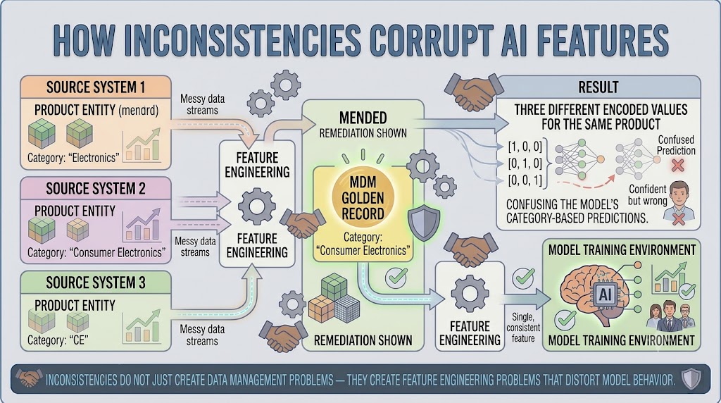 A feature engineering pipeline where a product entity enters from three source systems with different category classifications — Electronics, Consumer Electronics, and CE — resulting in three different encoded values that confuse the model. The remediated version shows an MDM golden record supplying a single governed category value that produces a clean, consistent feature.