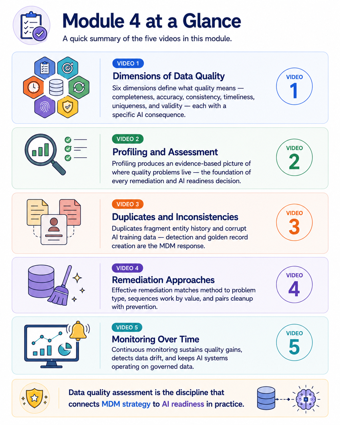 A one-page summary with five rows, one per module topic, each showing a title, a single-sentence summary, and an icon: Dimensions of Data Quality, Profiling and Assessment, Duplicates and Inconsistencies, Remediation Approaches, and Monitoring Over Time.