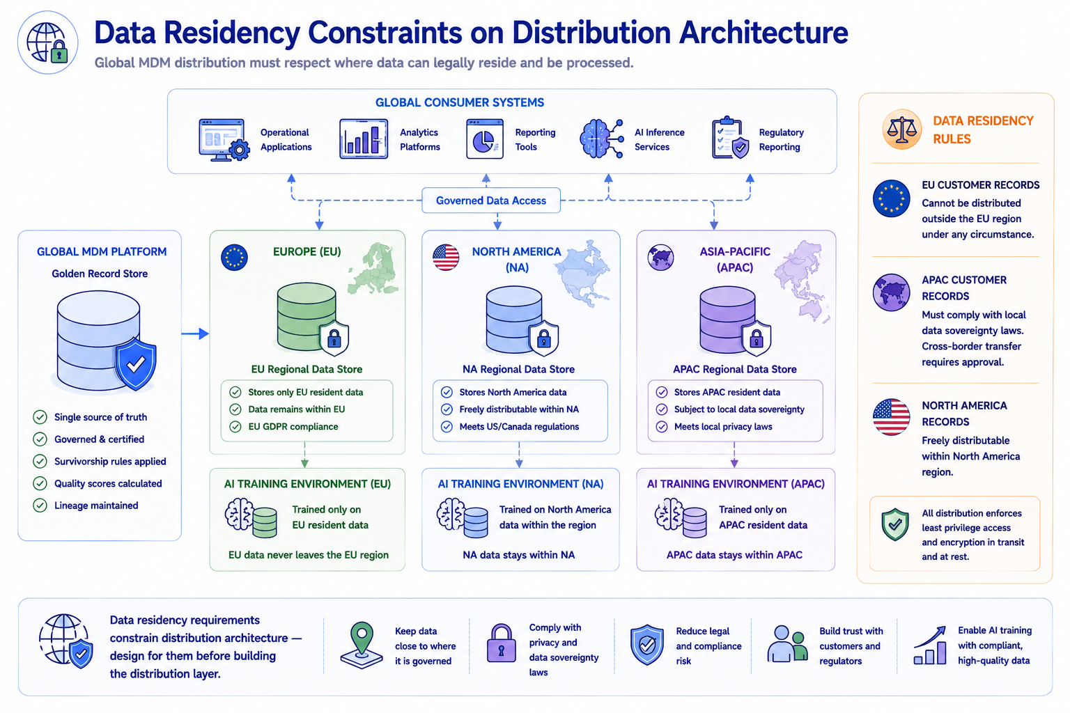 A global enterprise MDM architecture showing golden records distributed to regional data stores in Europe, North America, and Asia-Pacific, with data residency rules annotated for each region — EU customer records cannot leave the EU, APAC records are subject to local sovereignty requirements, North America records are freely distributable within the region. AI training environments in each region receive only the records they are permitted to access.